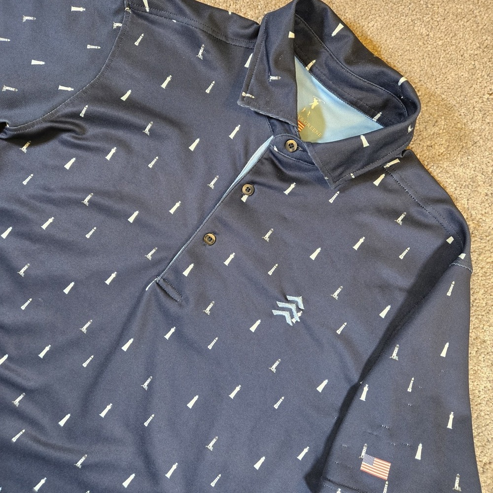Fairway & Greene Lighthouse Print Navy Blue Performance Polo‎ Shirt Size Medium